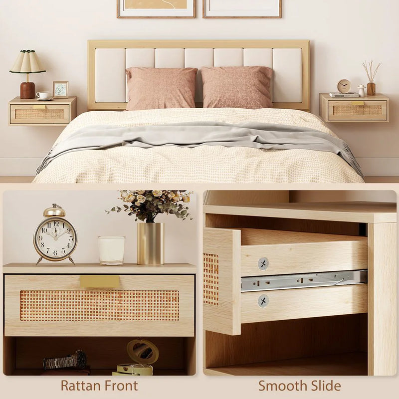 HOMCOM Floating Bedside Tables Set of 2, Wall Mounted Bedside Cabinets with Rattan Drawer and Wood Effect, Oak