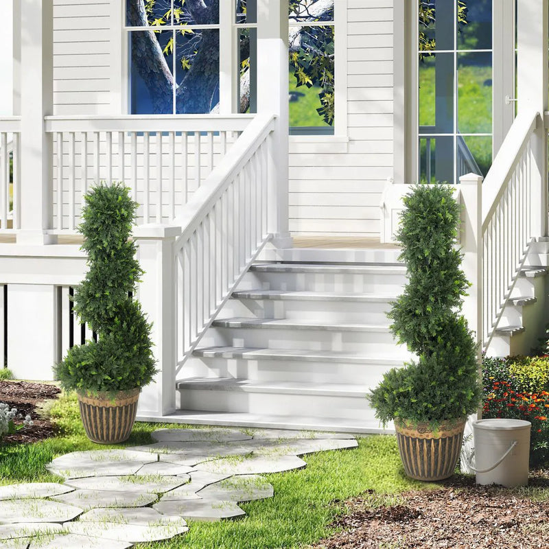 HOMCOM Set of 2 Artificial Plants, Topiary Spiral Boxwood Cypress Trees with Pot, for Home Indoor Outdoor Decor, 90cm