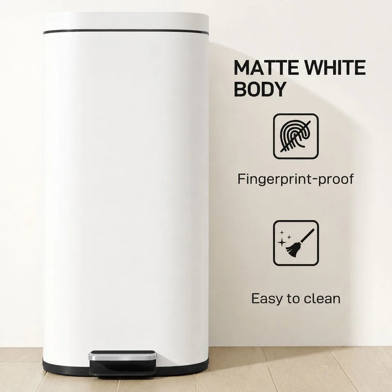 HOMCOM 30L Kitchen Bin, Compact Pedal Bin with Soft-Close and Stay-Open Lid, Removable Bucket for Kitchen, Home, Office, White