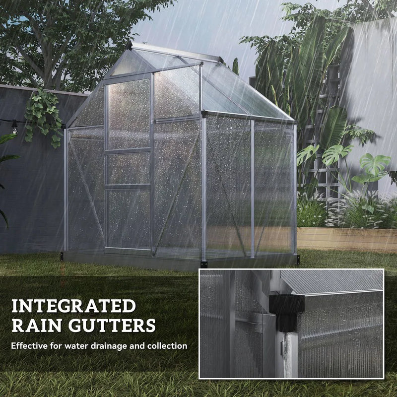 Outsunny Polycarbonate Greenhouse, Large Walk-In Green House with Slide Door and Window, Aluminium Frame, 6x4ft, Silver Tone