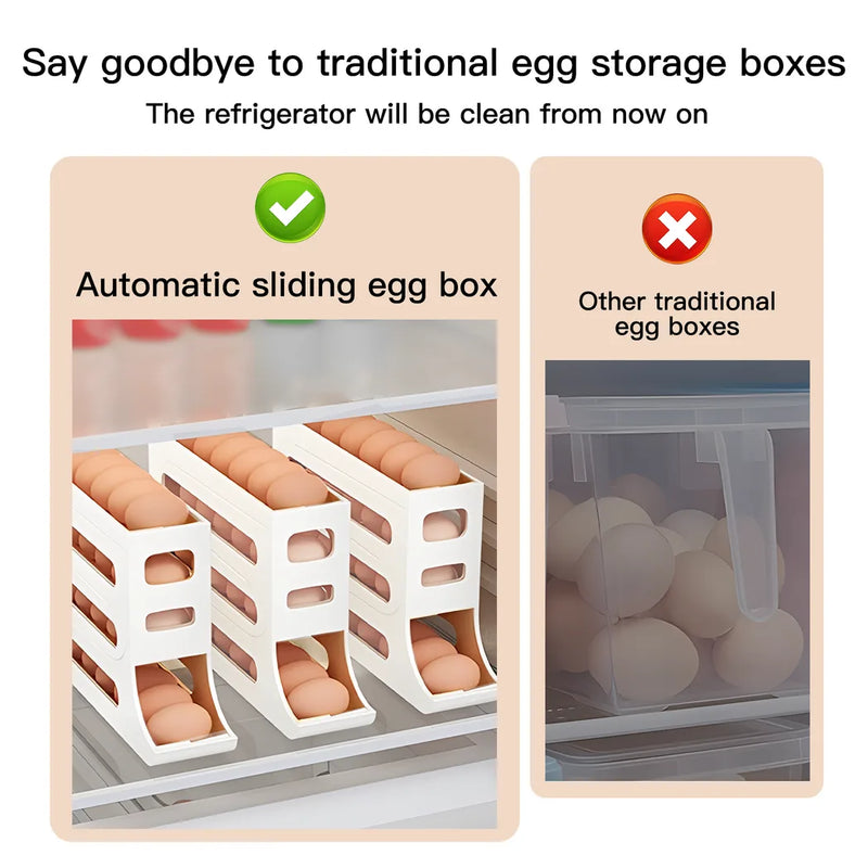 4-Tiers Auto Rolling Egg Dispenser, Space-Saving Egg Holder for Fridge and Countertop, Durable Plastic Kitchen Egg Organizer
