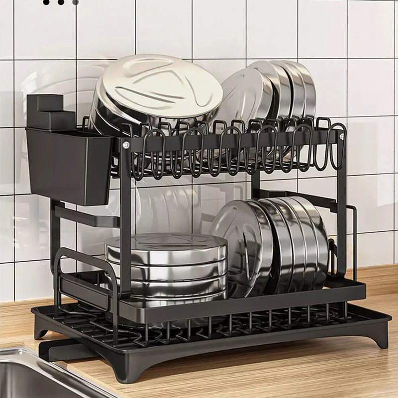 NEW 2TIER KITCHEN SINK DISH DRAINER RACK WITH DRIP TRAY CUTLERY HOLDER PLATE RACK UK