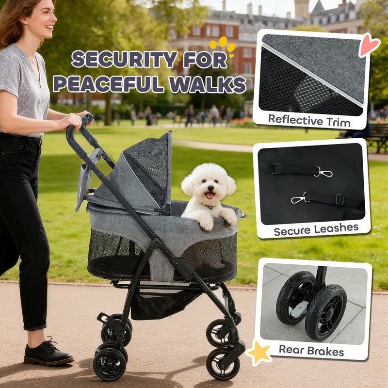 PawHut Pet Stroller, Foldable Dog Cat Stroller with Detachable Carrier, Wheels, Storage Basket, Secure Leash