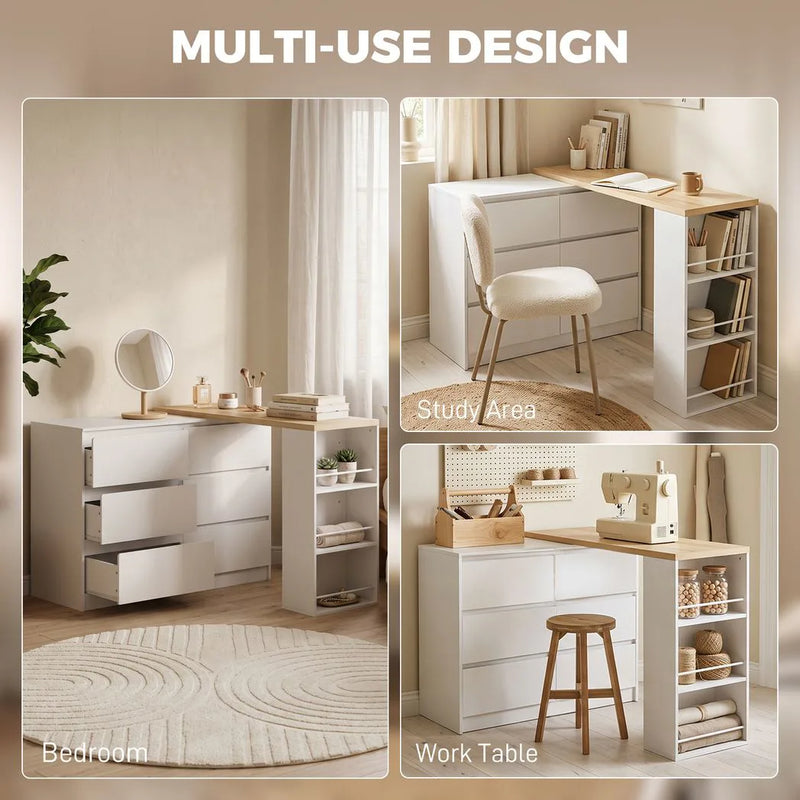 HOMCOM Vanity Table, Dressing Table with 6 Drawers and 3-Tier Shelf for Women and Girls, White