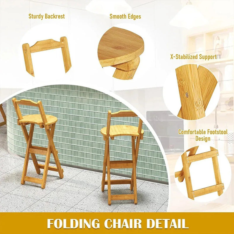 Wooden Folding Bar Stool Bamboo Kitchen Counter Height Stools with Backrest NEW