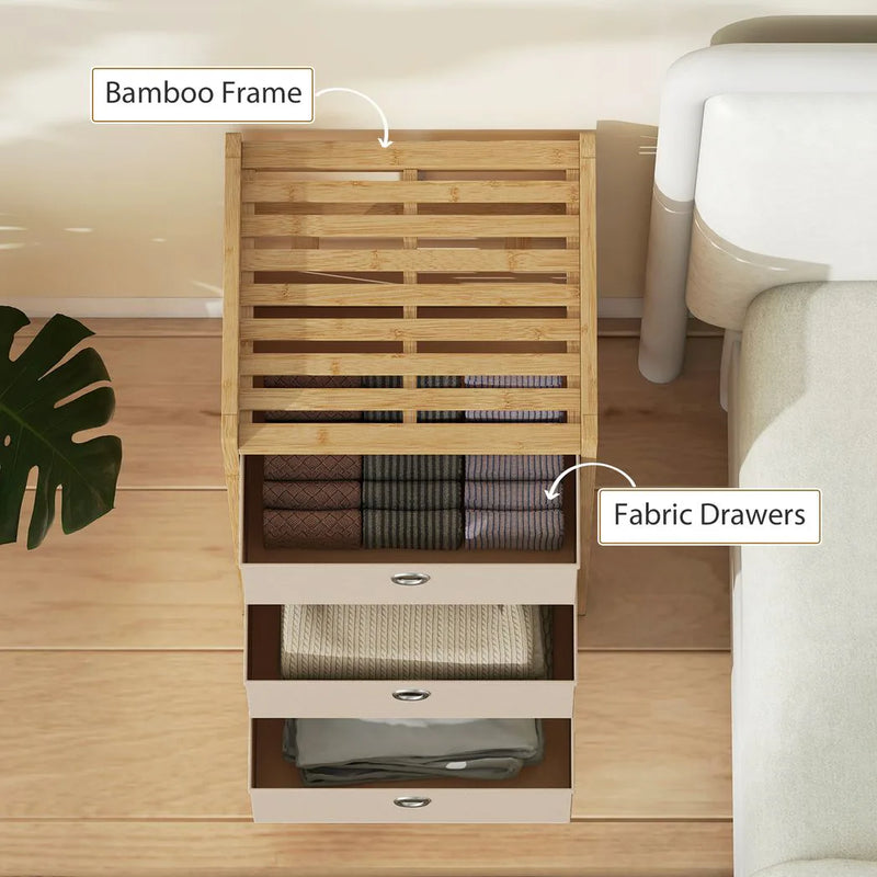 HOMCOM Chest of Drawers, 3 Fabric Drawers Narrow Dresser with Bamboo Frame, Cream White