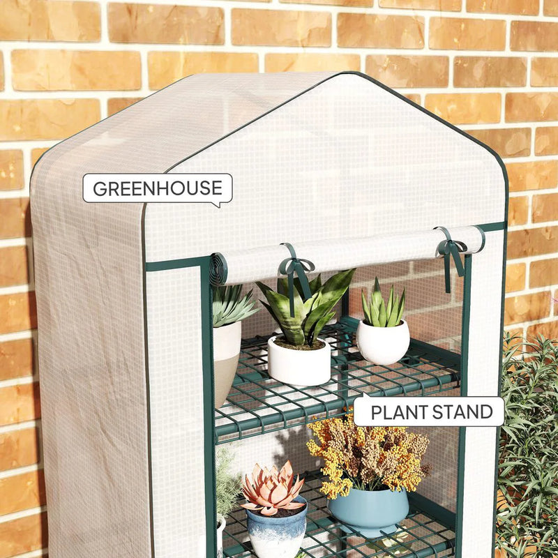 Outsunny 4 Tier Mini Portable Greenhouse Compact Plant Grow Shed Metal Frame PE Cover with Lockable Rolling Wheels, White