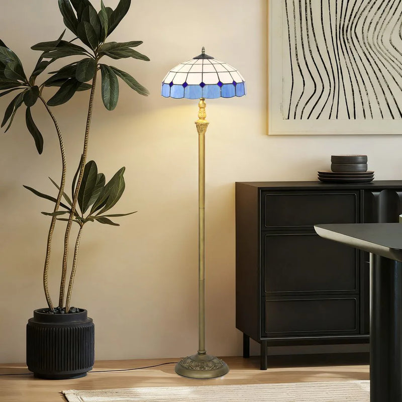 HOMCOM Tiffany-Style Floor Lamp with Handcrafted Stained Glass Shade, 152cm Tall Vintage Standing Lamp with Foot Switch and Dual Sockets for Living Room Bedroom, Bronze Tone and Blue