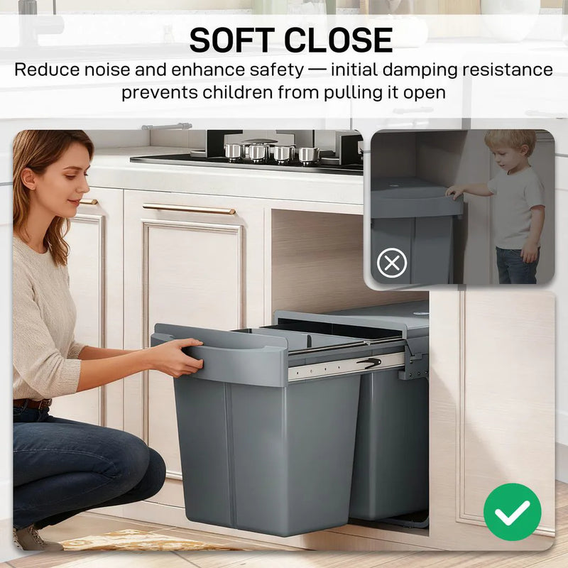 HOMCOM Pull Out Bin, Kitchen Under Sink Bin with 2 Removable Compartments, Smooth Glide, Grey