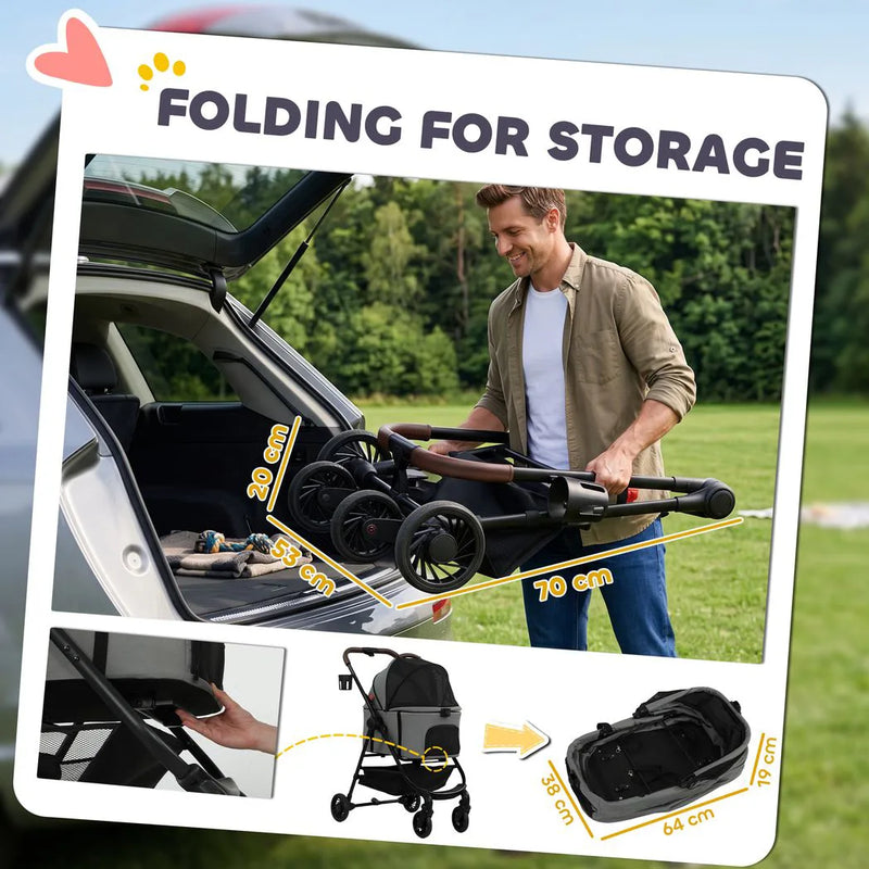 PawHut Dog Stroller, 3 in 1 Foldable Pet Stroller for Small Puppy Cat with Detachable Travel Carrier, Storage Basket, Grey