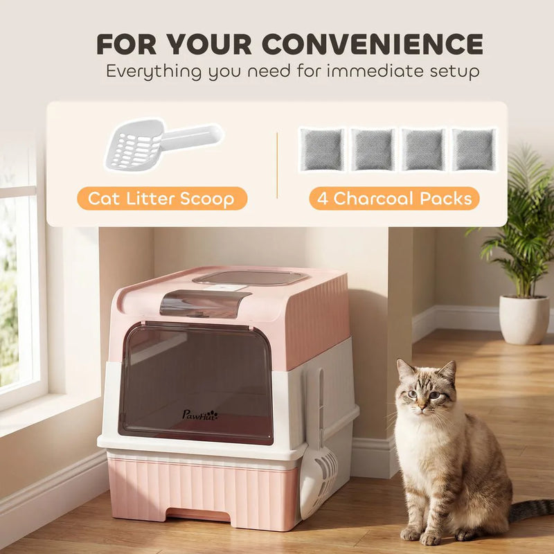 PawHut Enclosed Cat Litter Box with Lid, Pull-Out Drawer Tray, Scoop, 2 Deodorisation Bags, Front Entry & Top Exit, Pink