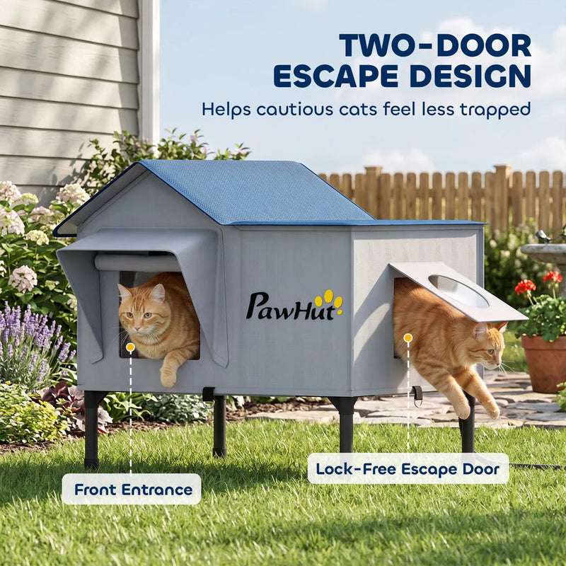 PawHut Heated Cat House Weatherproof w/ Heating Pad, Elevated Base, Escape Door, Cat Winter Shelter for Stray, Barn Cats