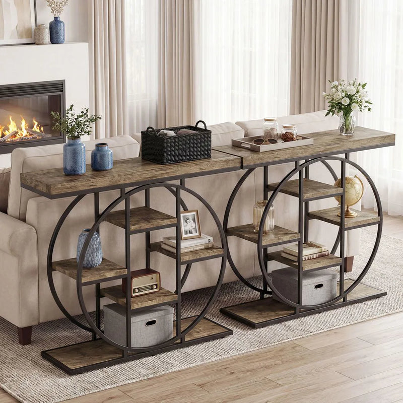 HOMCOM Industrial Console Table with Storage Shelves - Rustic Brown
