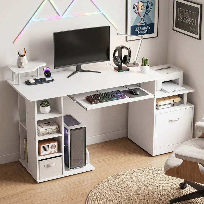 HOMCOM Computer Desk with Drawer Shelves CPU Storage Rack White