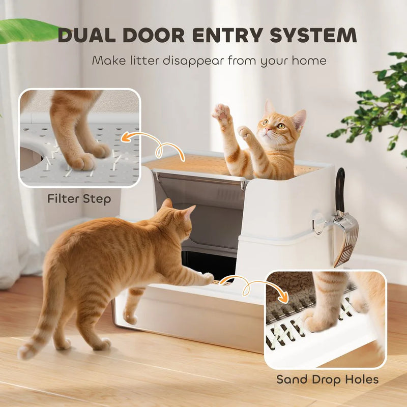 PawHut XL Stainless Steel Litter Box w/ 100° Flip Top, Scoop, Side Top Dual Entry, Odor Free, Easy Cleaning, Anti Leakage