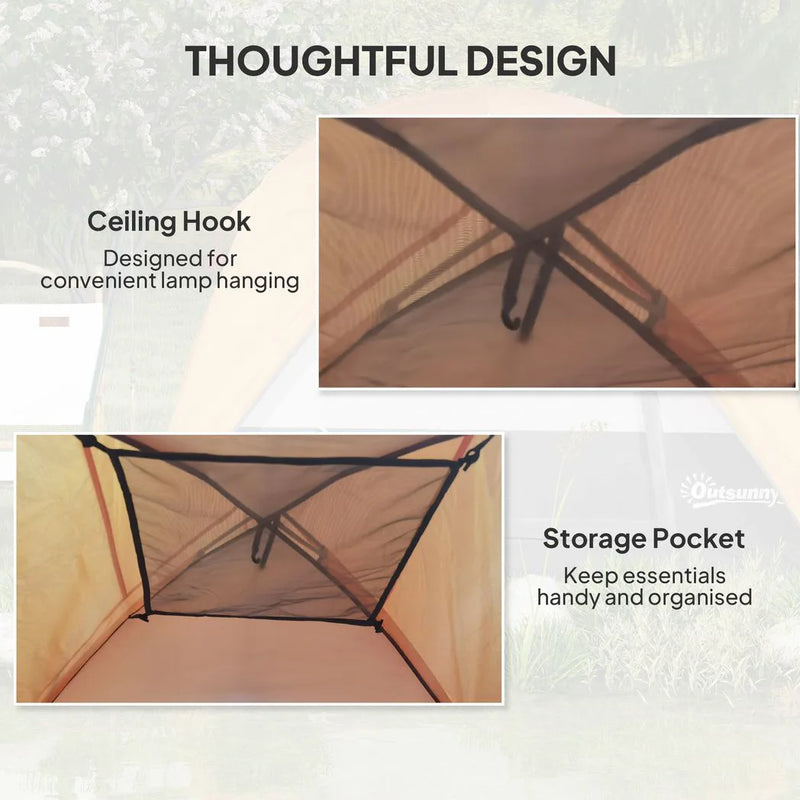 Outsunny Camping Tent, Easy Set Up 2-3 Man Tent with Sewn-in Groundsheet, 3000 mm Dome Tent w/ Mesh Windows, Brown