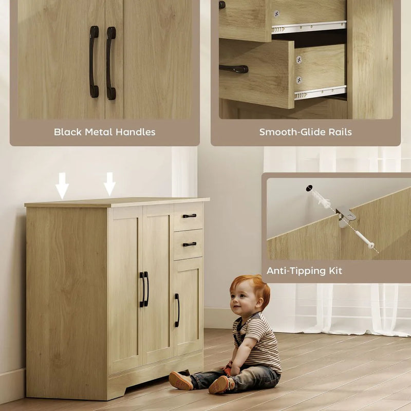 HOMCOM Sideboard with 2 Drawers Modern Storage Cabinet, Kitchen Cupboard with Adjustable Shelf and 3 Doors Natural