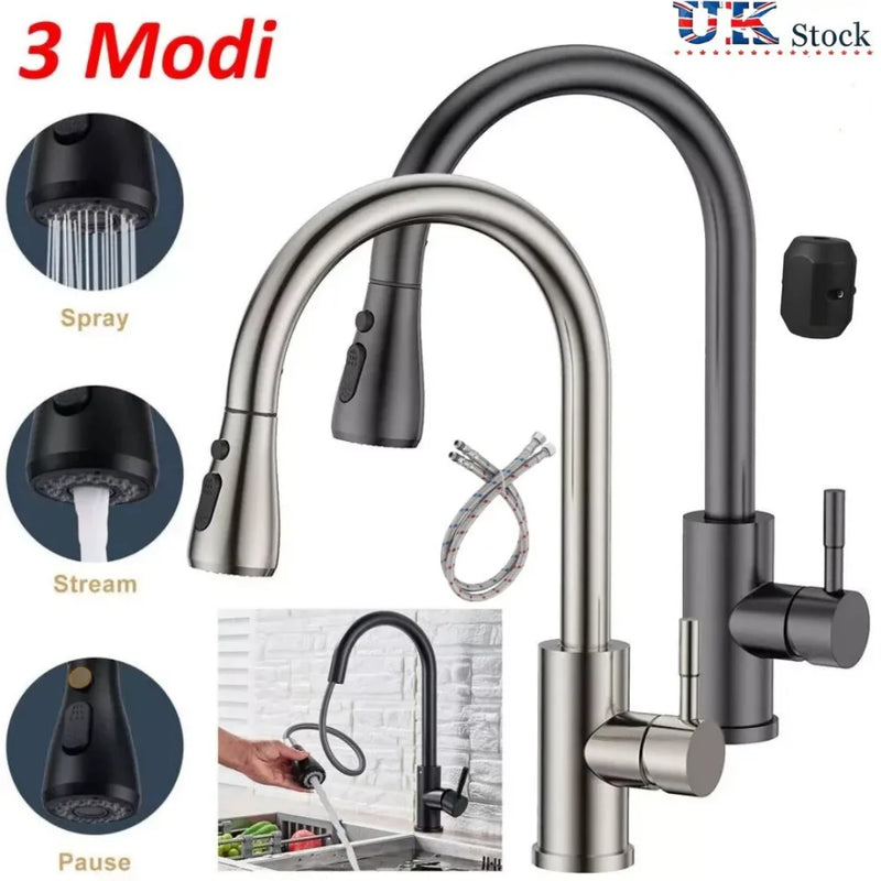 360° Kitchen Sink Mixer Taps Pull Out Spout Spray Single Lever Modern Mono Tap-black
