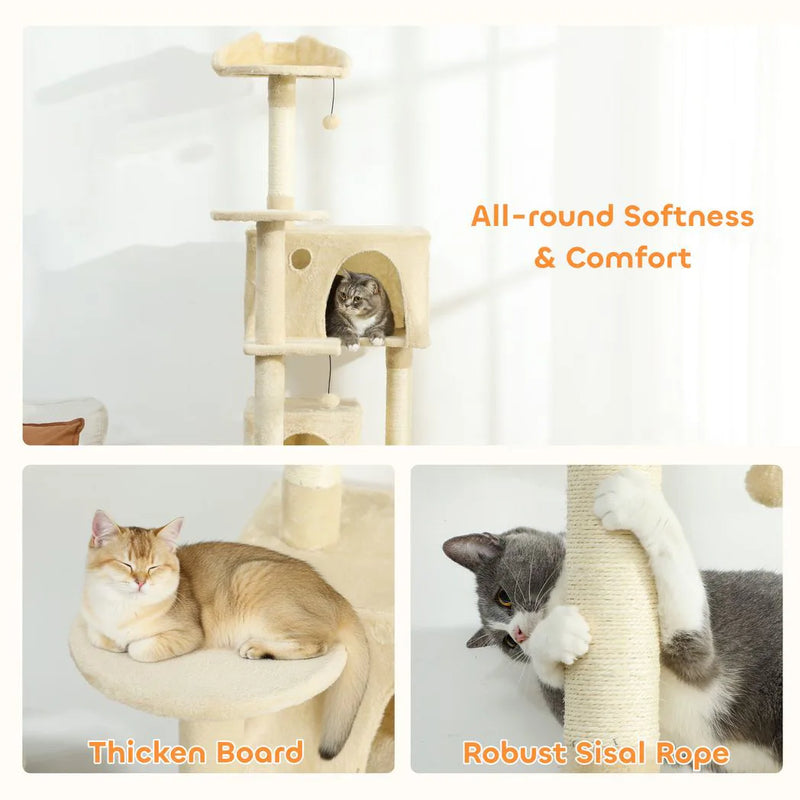 PawHut 180cm Large Cat Tree Tower with Sisal Scratching Posts, Condos, Plush Perches, Hammock, Ladder, Beige