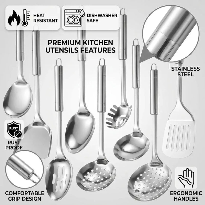 9Pcs Stainless Steel Cooking Utensil Set Heat-Resistant Metal Kitchen Tools UK