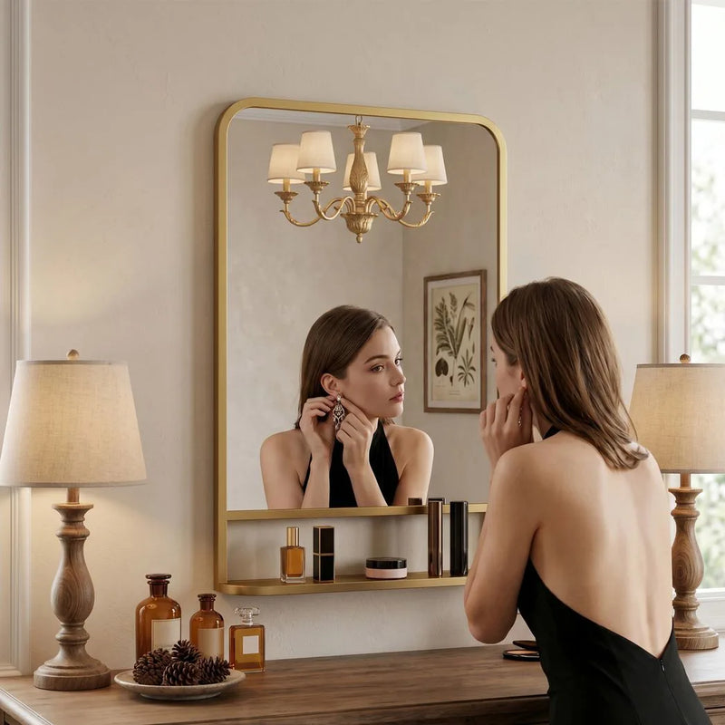 HOMCOM Modern Rectangular Wall Mirror with Storage Shelf, 70 x 50 cm, Gold Tone