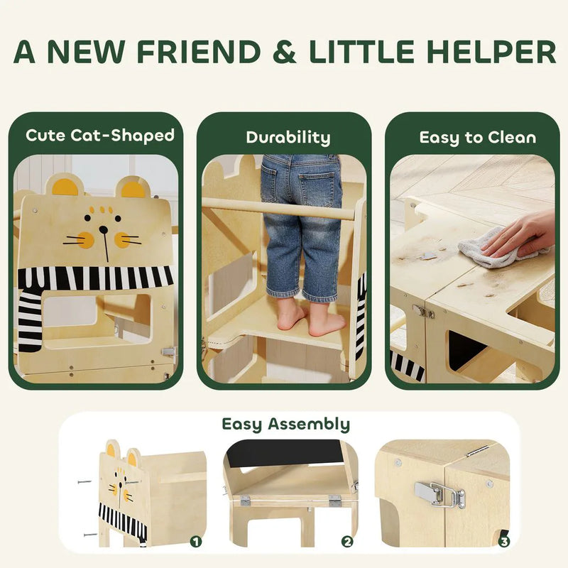 AIYAPLAY Toddler Step Stool, Standing Tower with Chalkboard, 3-in-1 Cat-Shaped Step Stool for Kitchen Counter, Natural