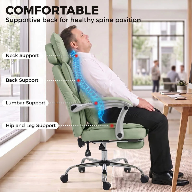 HOMCOM Executive Office Chair, PU Big and Tall Office Chair 180 kg with Wide Seat, Reclining, Lumbar Support, Light Green