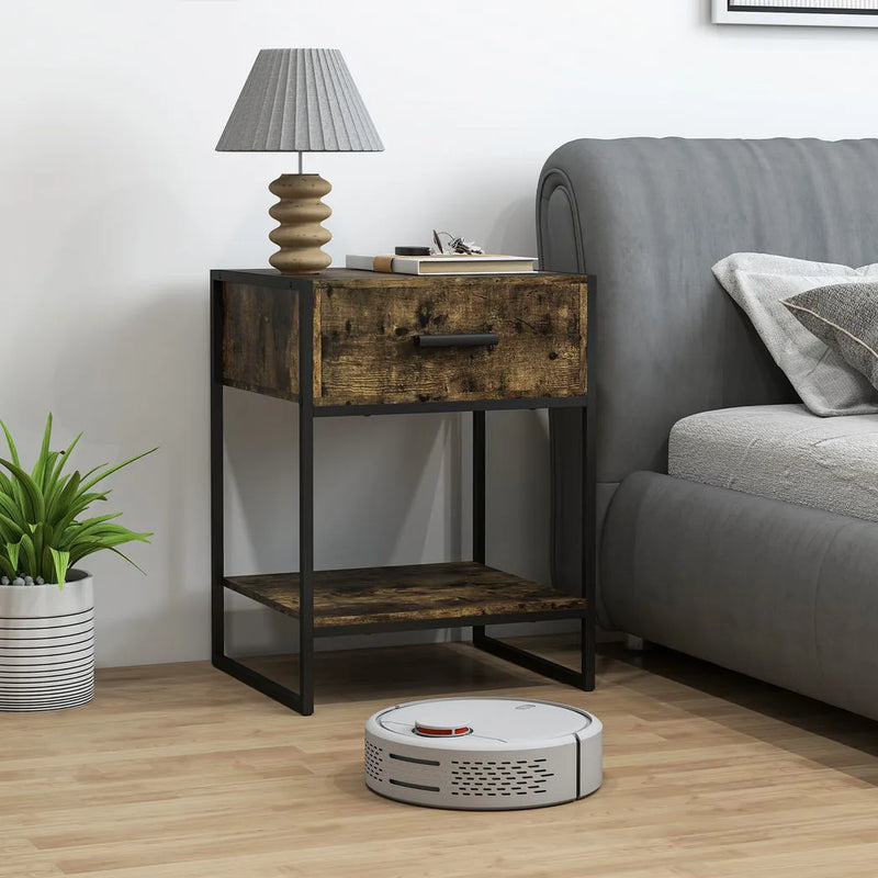 HOMCOM Modern Bedside Table - Rustic Brown