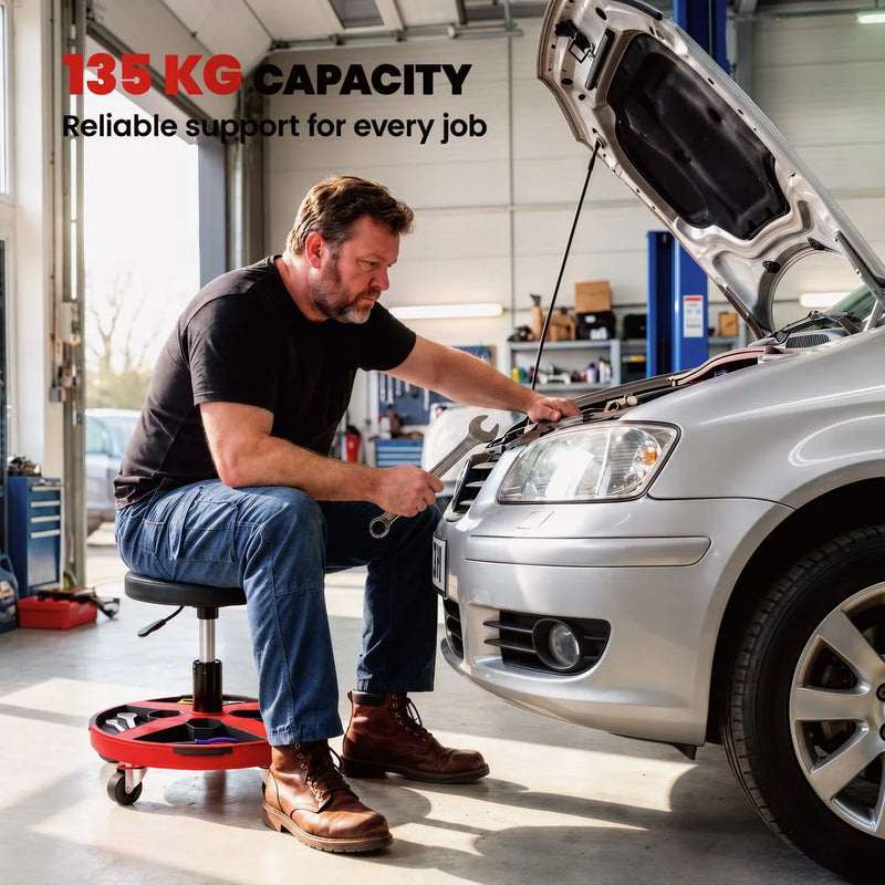 HOMCOM Rolling Mechanic Stool, 40-52 cm Height Adjustable Workshop Stool, 135kg 360° Swivel Roller Padded Creeper Seat, Black