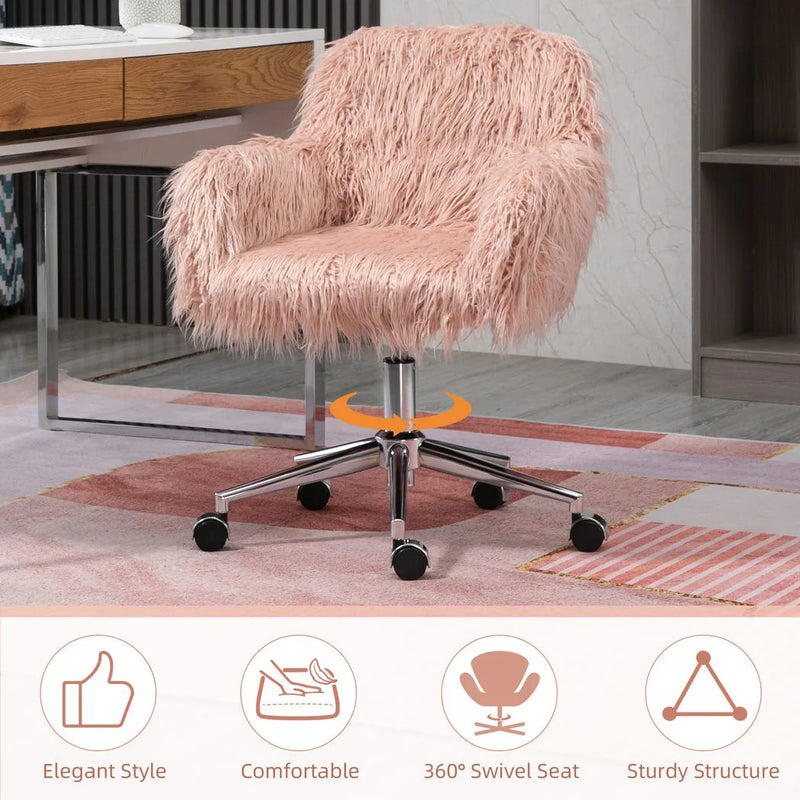 Vinsetto Faux Fur Desk Chair, Rolling Swivel Makeup Chair with Adjustable Height, Armrets for Home Office, Bedroom, Pink