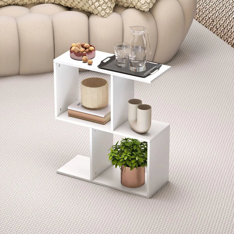 HOMCOM Side Table, Narrow End Table with Storage Shelves, S-Shaped, 3-Tier, 50W x 19.5D x 58H cm, White