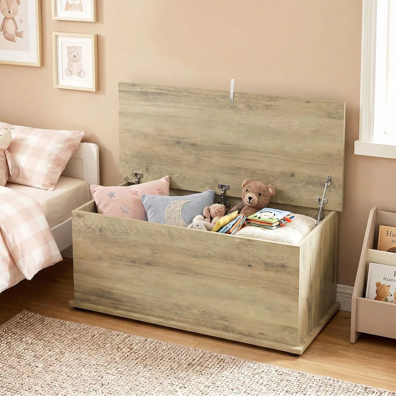 HOMCOM Large 114L Storage Chest Grey Wood Bench Trunk with Safety Lid for Bedroom Hallway and Living Room 100 x 40 x 40cm