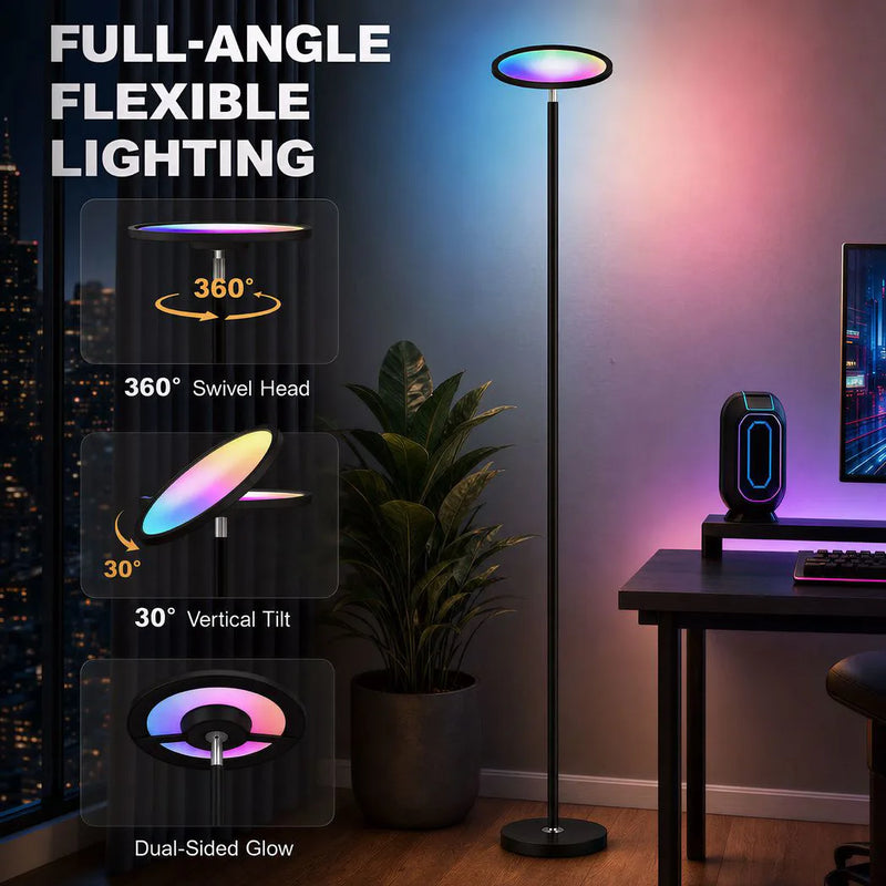 HOMCOM Uplighter Floor Lamp with Tuya App and Music Sync, Standing Lamp with Adjustable Head for Living Room Bedroom, Black