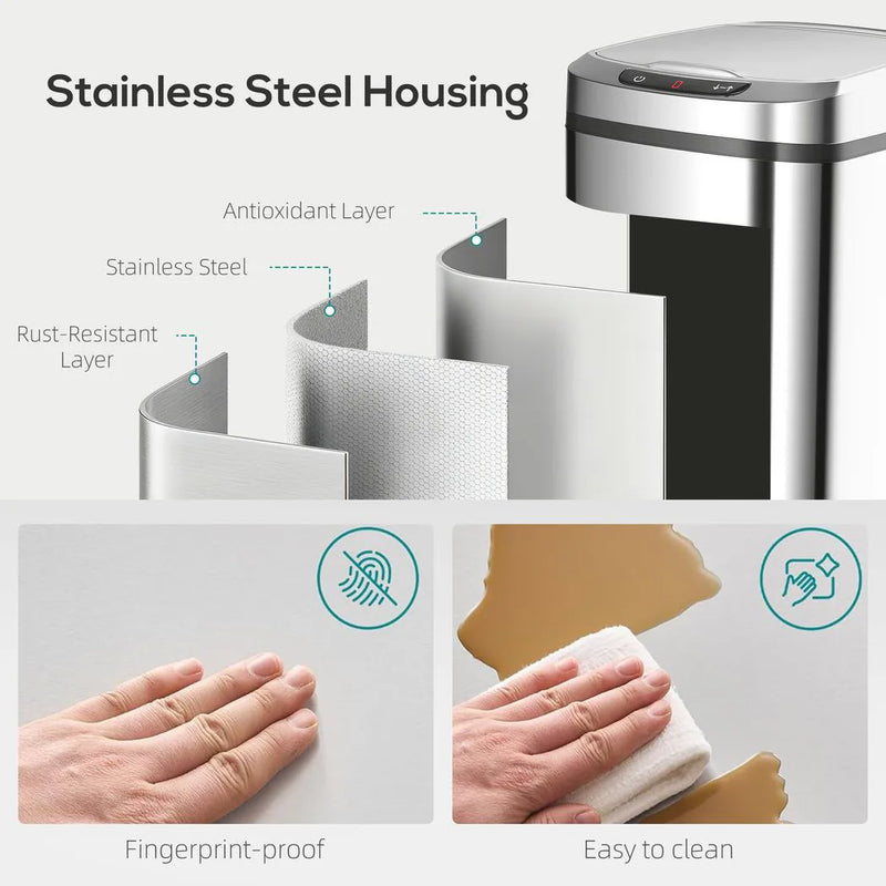 HOMCOM 12L Sensor Bin, Automatic Touchless Motion Sensor Kitchen Bin with Fingerprint Resistant Stainless Steel, Silver