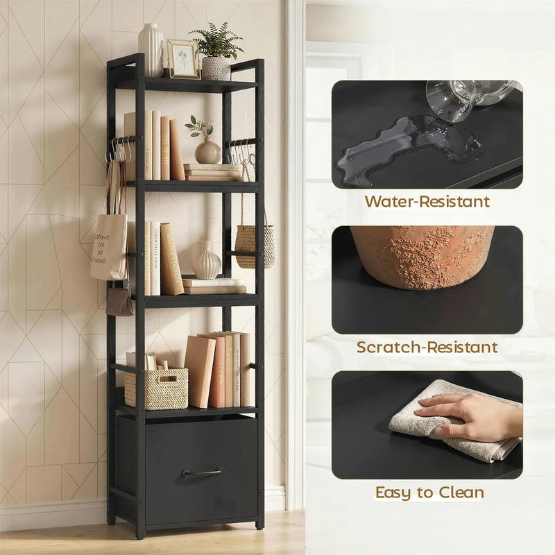 HOMCOM 4-Tier Bookshelf, Narrow Bookcase with Drawer, 8 Hooks, Metal Frame, Black