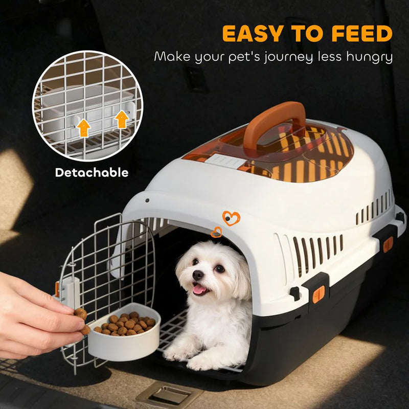PawHut Plastic Pet Carrier Hard Shell Dog Cat Carrier Max 4 KG Steel Door Feed Bowl Secure Lock 49 x 32 x 31 cm