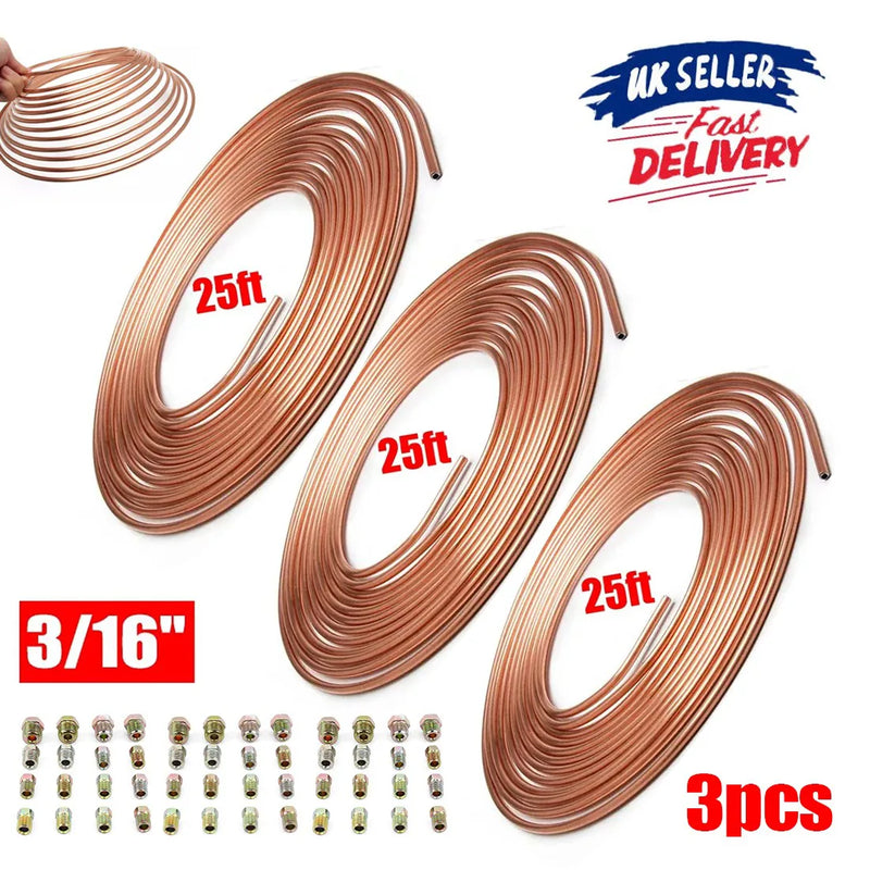 3x 25ft Copper Nickel Brake Pipe Hose Line Tube Roll 3/16'' Tubing + 48 Nuts UK