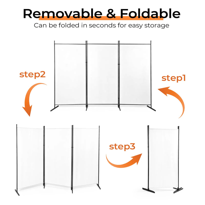 3-Fold Foldable Screen 160g Plastic Feet Polyester Fabric Carbon Steel Frame Room Divider 6FT Off-White