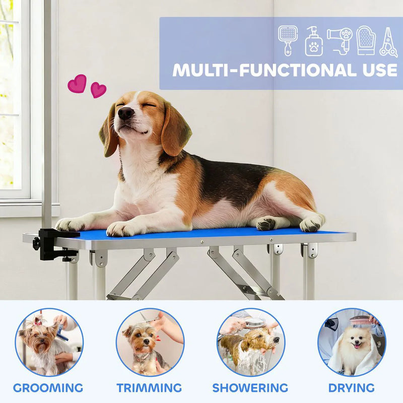 PawHut 32" Foldable Dog Grooming Table Pet Drying Beauty Table Adjustable Fixed Arm Rubber Top, Blue