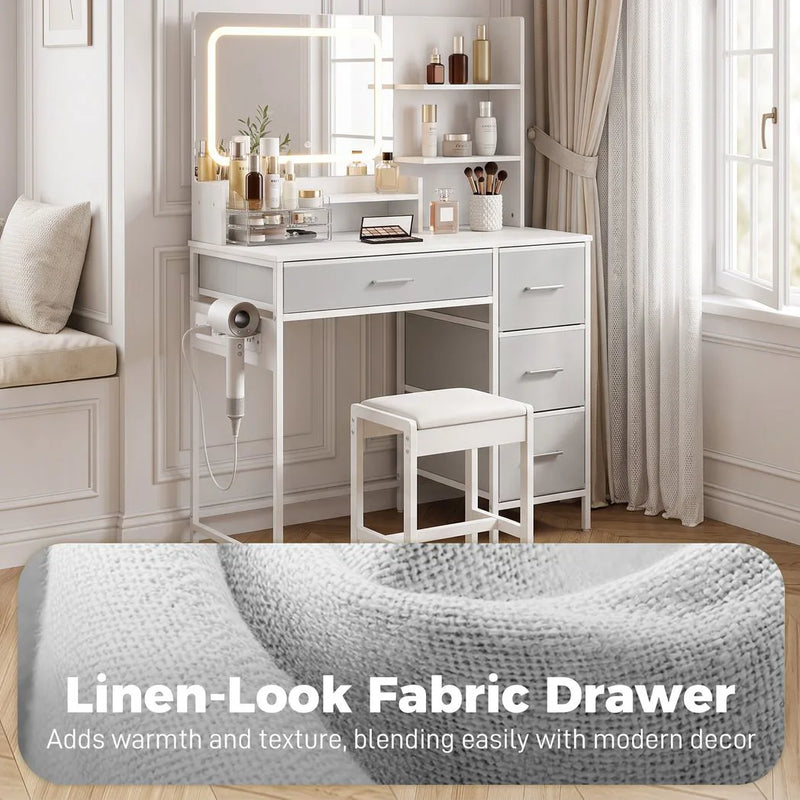 HOMCOM Dressing Table with 3-Colour LED Mirror, Power Outlet, Vanity Desk with 4 Drawers, 5 Shelves, Hair Dryer Holder