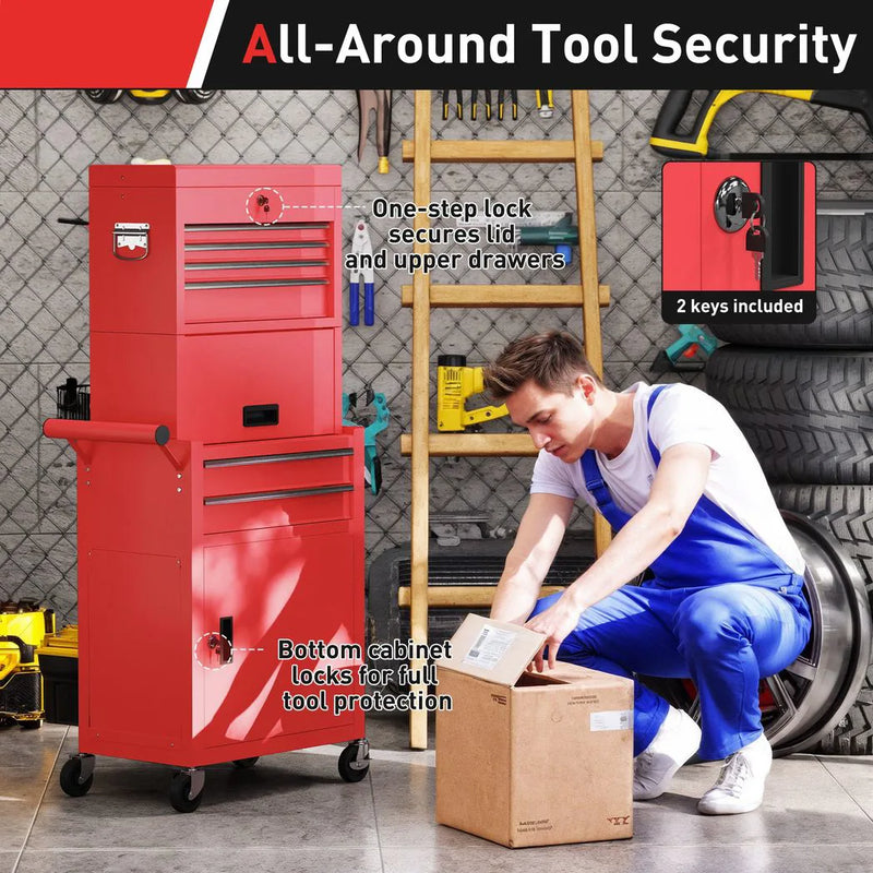 HOMCOM Three-Part Steel Locking Tool Chest - Red