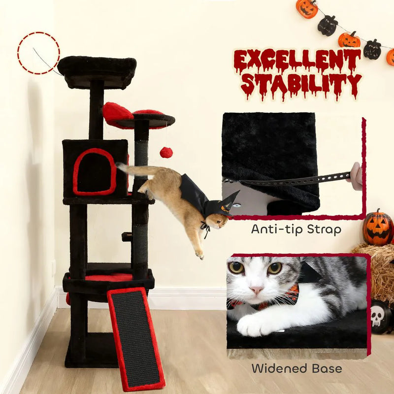PawHut Gothic Cat Tree, 152 cm Multi-Level Cat Tower for Large Cats with Coffin Bed, Large Condo, for Halloween