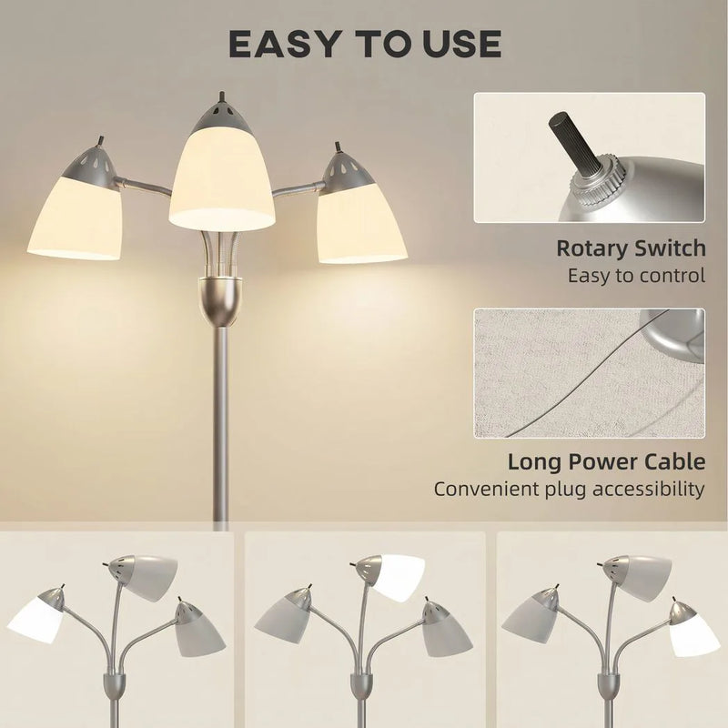 HOMCOM Arc Tree Floor Lamp with 3 Adjustable Rotating Lights, Industrial Standing Lamp with Steel Frame, Silver Tone