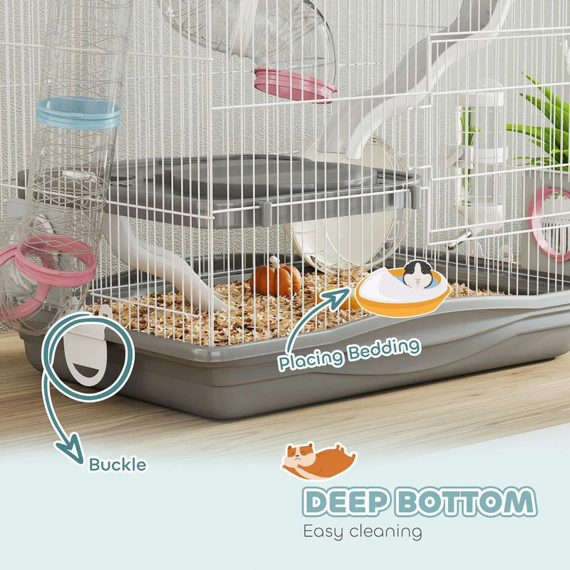 PawHut 3-Tier Hamster Cage with Exercise Wheels, Water Bottle, Food Dish, for Dwarf Hamsters, 45 x 30 x 45 cm, Grey