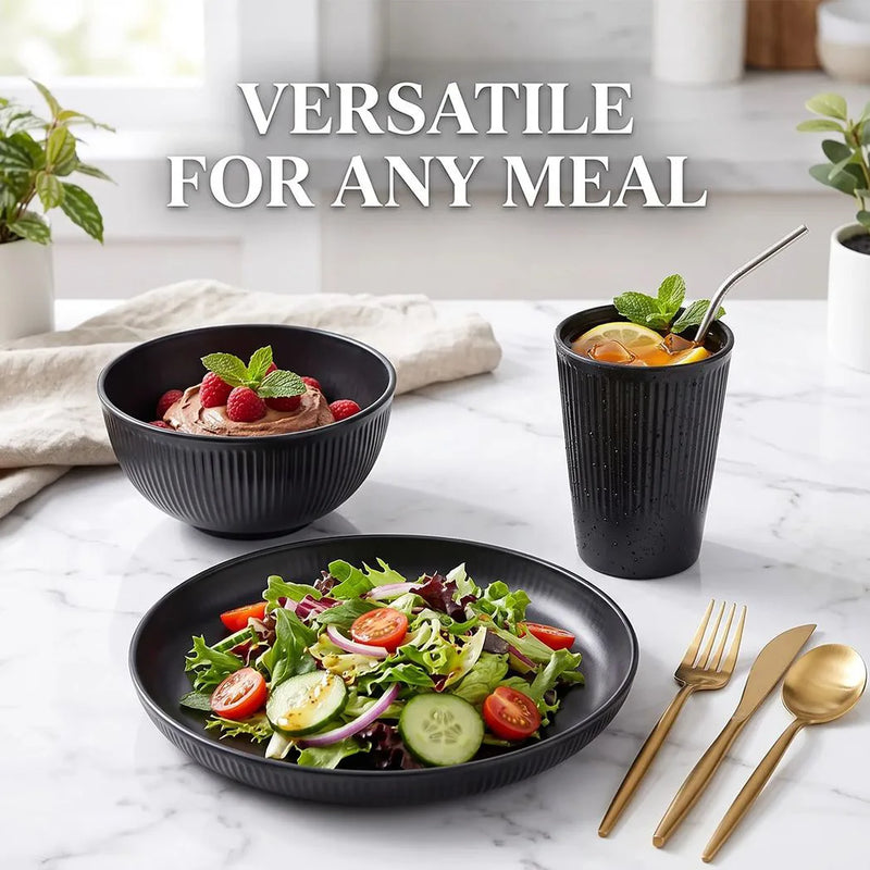 18PCS Round Dinner Set Wheat Straw Dining Plate Bowl Mug Unbreakable Dinnerware-Black