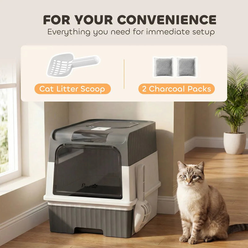 PawHut Enclosed Cat Litter Box with Lid, Pull-Out Drawer Tray, Scoop, 2 Deodorisation Bags, Front Entry & Top Exit, Grey