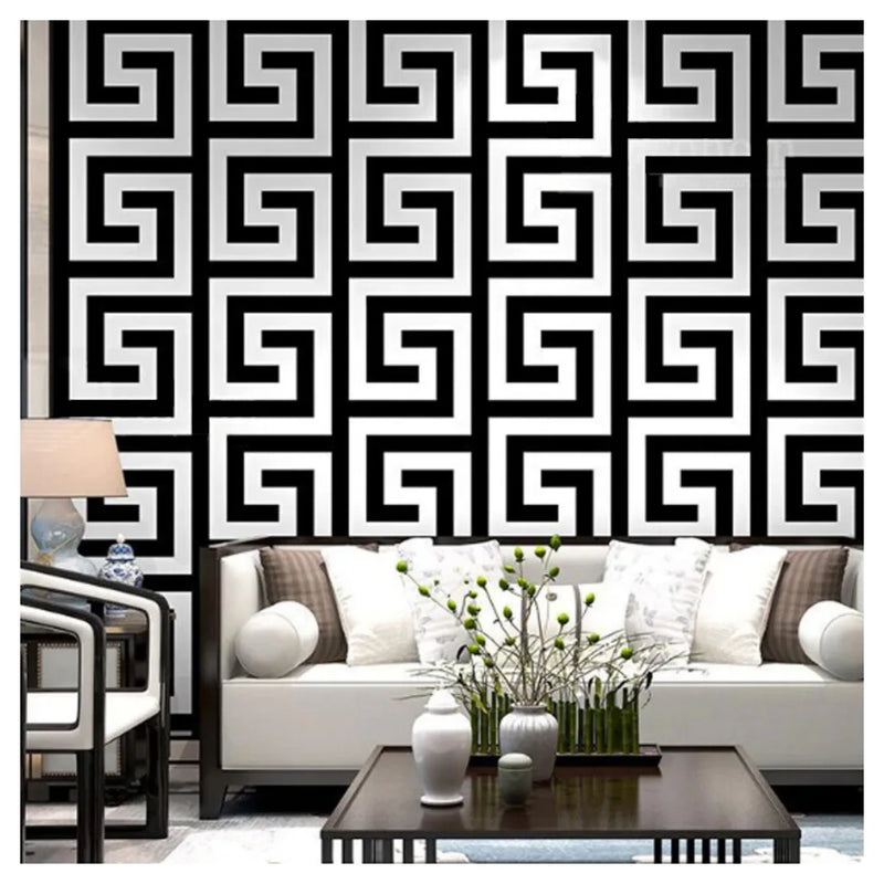 Debona Athena Greek Key Metallic Glitter Wallpaper All Colours-White Black
