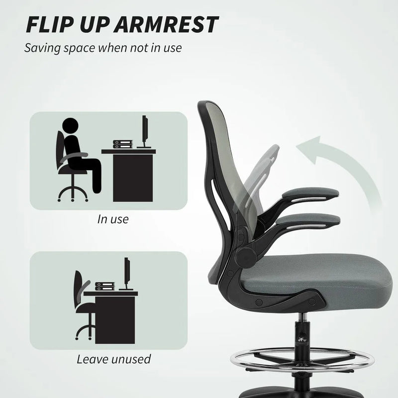Vinsetto Drafting Chair, Ergonomic Tall Office Chair with Flip-up Armrests, Mesh Back, Lumbar Support, Adjustable Height and Foot Ring, Swivel Wheels, for Standing Desk, Charcoal Grey