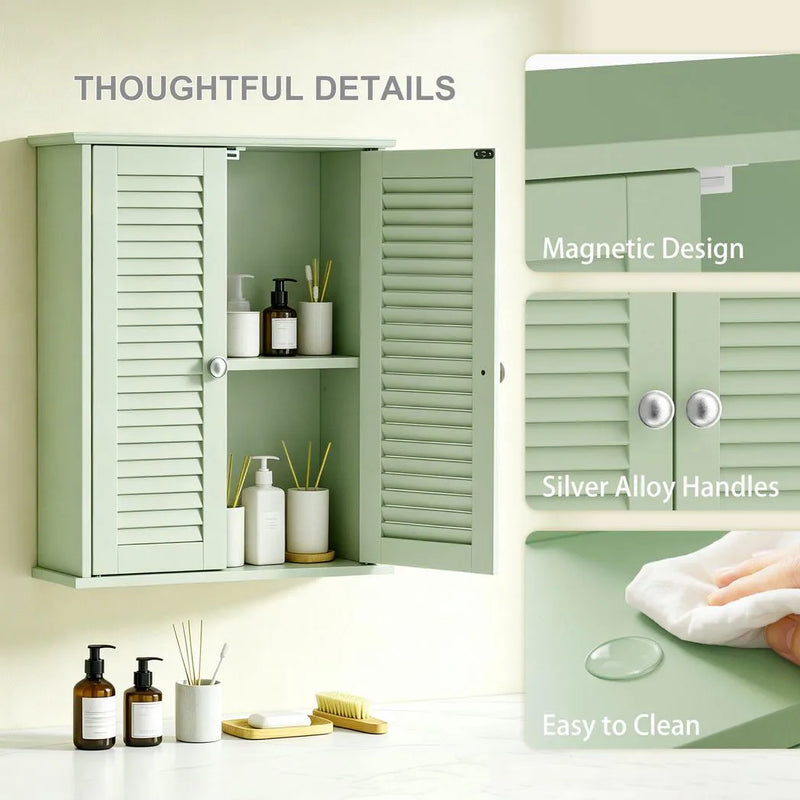 HOMCOM Bathroom Cabinet, Bathroom Wall Cabinet with Louvered Doors and Adjustable Shelf Storage for Kitchen, Light Green