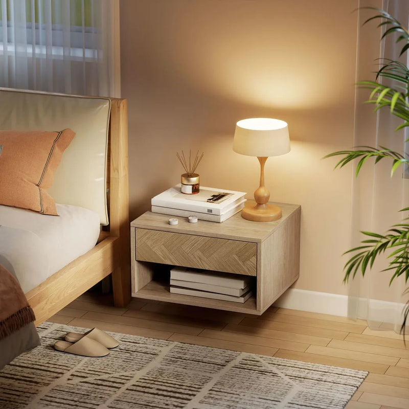 HOMCOM Set of Two Floating Bedside Tables - Natural Wood Finish
